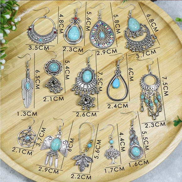 (Last 1) Bohemian vintage style turquoise stone drop earrings boho country aztec - Picture 5 of 5